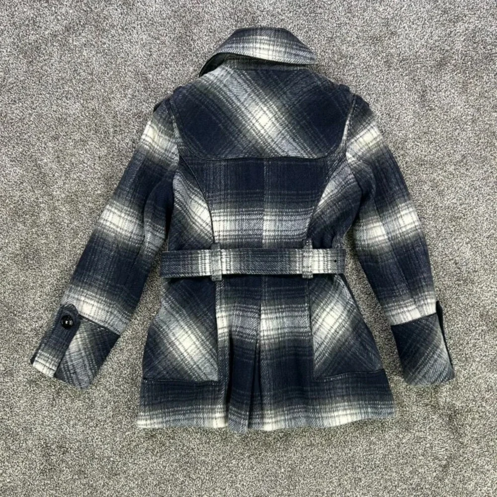 Miss Sixty Wool‎ Blend Plaid Belted Pea Coat Womens Medium Faux Leather Trim